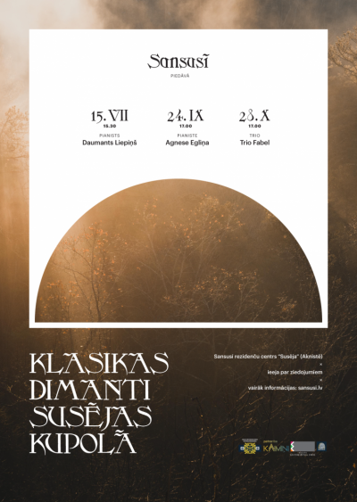 plakāts - teksts uz brūngani zeltaina fona, teksts uz balta fona, atbalstītāju logo