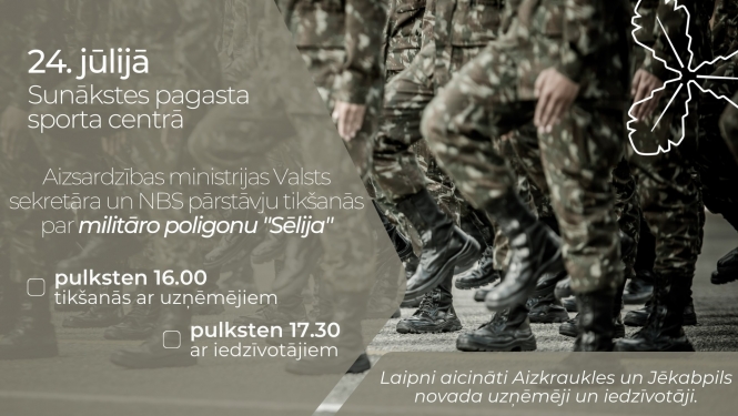 Informatīvs plakāts - teksts uz brūngani pelēcīga fona, bilde ar armijas formastērpiem