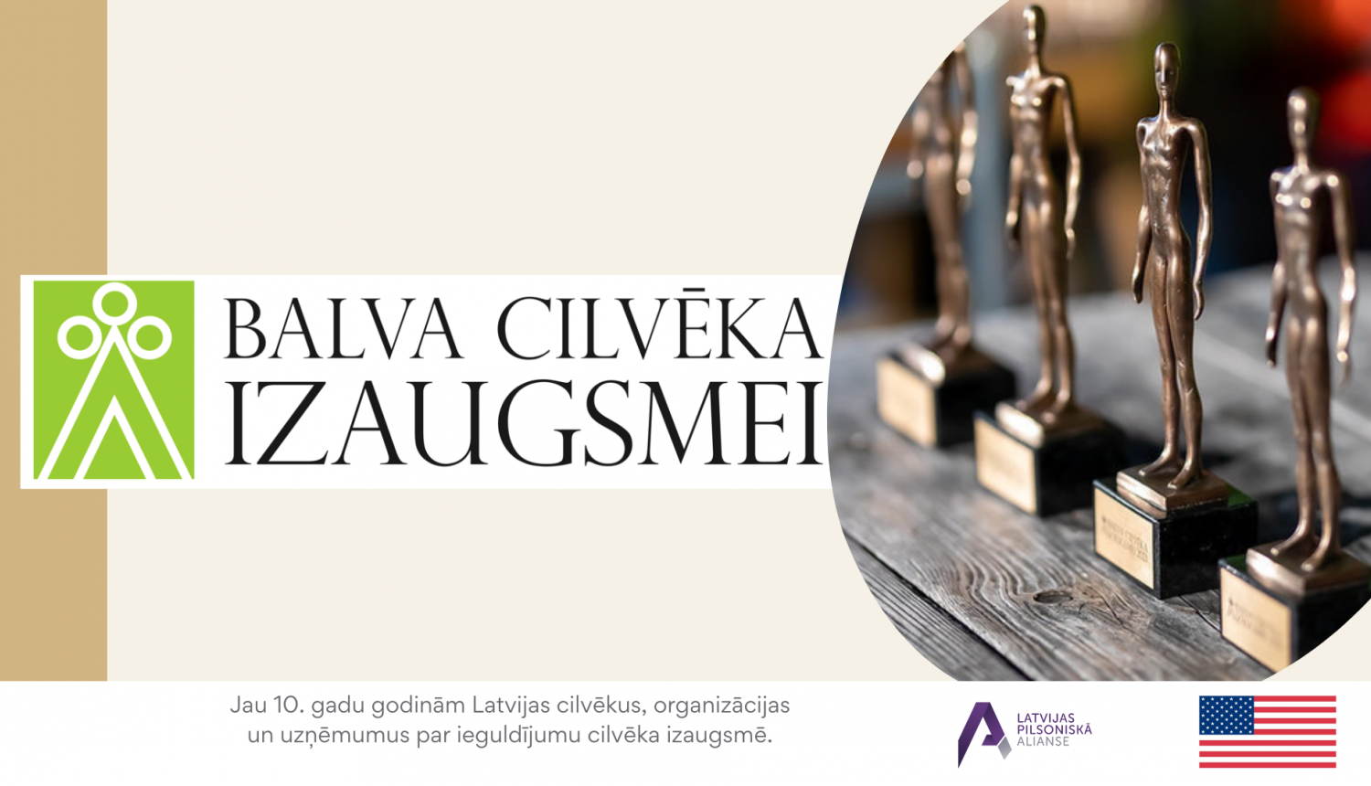 afiša ar tekstu balva cilvēka izaugsmei, fonā metāliskas cilvēku statujas, apakšā logo